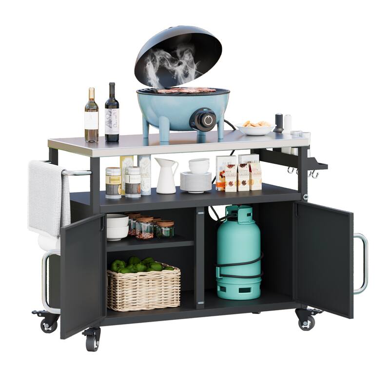 Metal Kitchen Island with Stainless Steel Tabletop, Rolling Spice Storage Cabinet w/Towel Rack and 4 Lockable Wheels for Kitchen