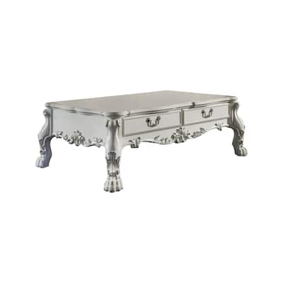 Ally 57 Inch Coffee Table, Aspen Wood, Classic Ornate Scrollwork, White