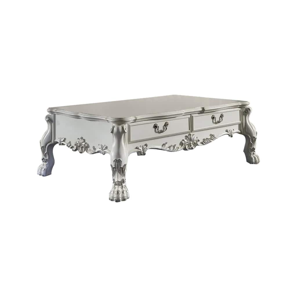 Ally 57 Inch Coffee Table, Aspen Wood, Classic Ornate Scrollwork, White