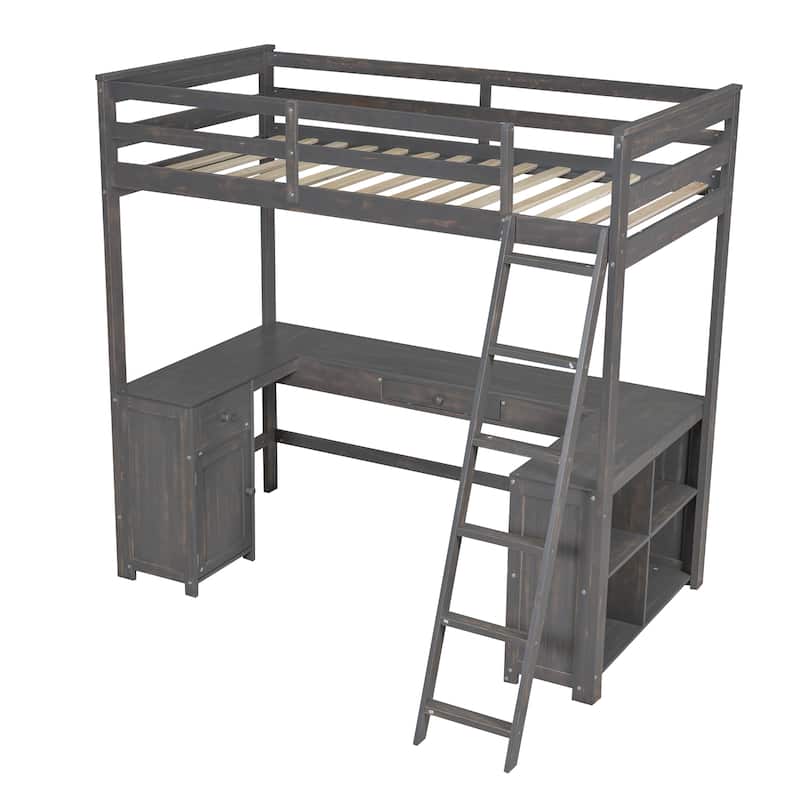 Twin Size Solid Wood Loft Bed with Desk, Blackboard, and Drawers