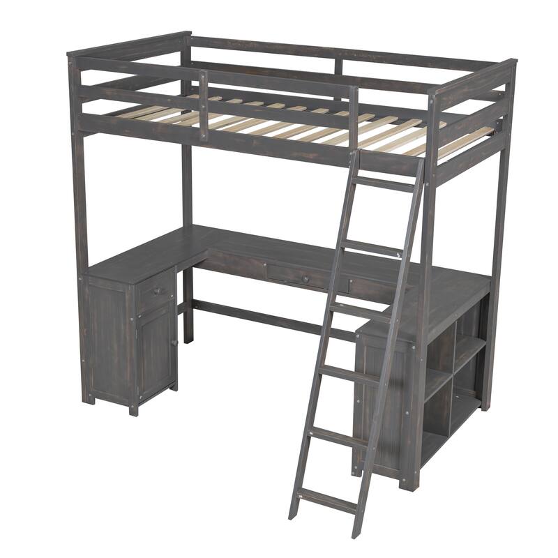 U-Shaped Desk Loft Bed with Storage Shelves & Drawers, Twin Size, Antique Brown