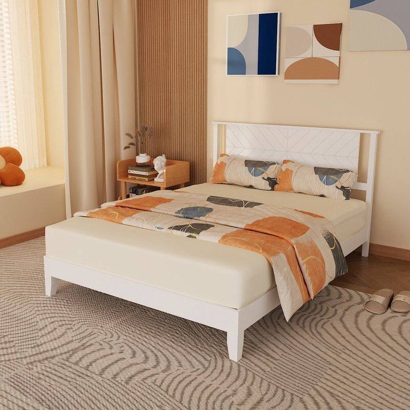 Twin Size Deluxe Bed Frame with Headboard with Solid Wood, No Box Spring Needed, Easy Assembly, White