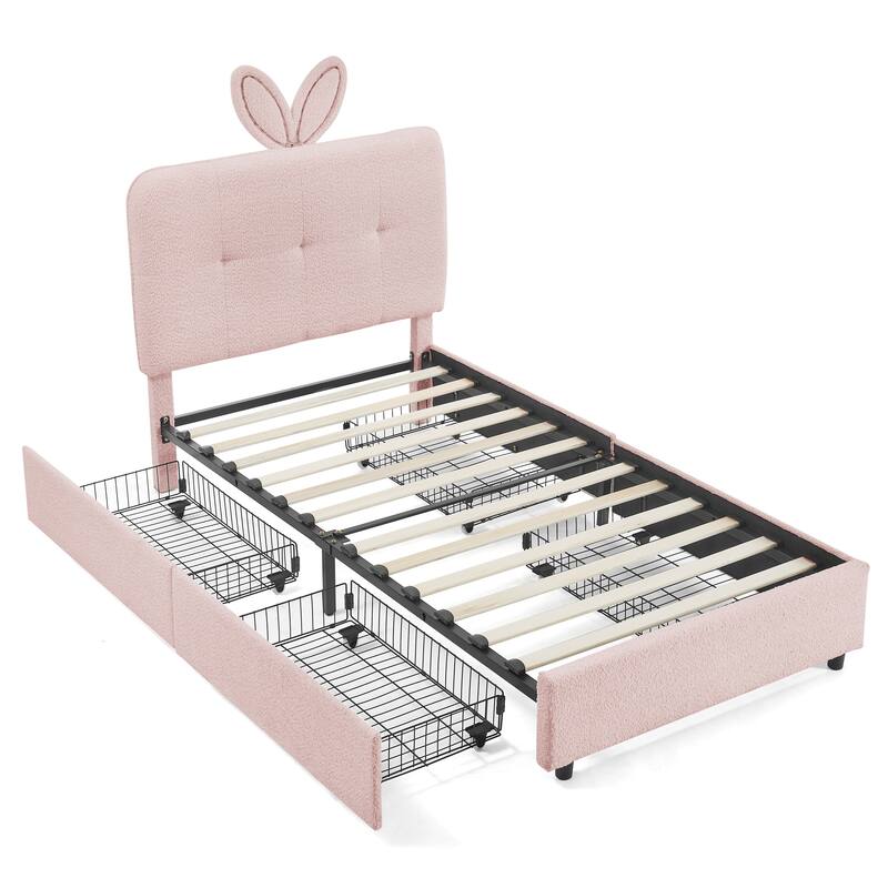 Kids Boucle Upholstered Bed with Rabbit Ear Headboard, LED Music Sync & 4 Drawers