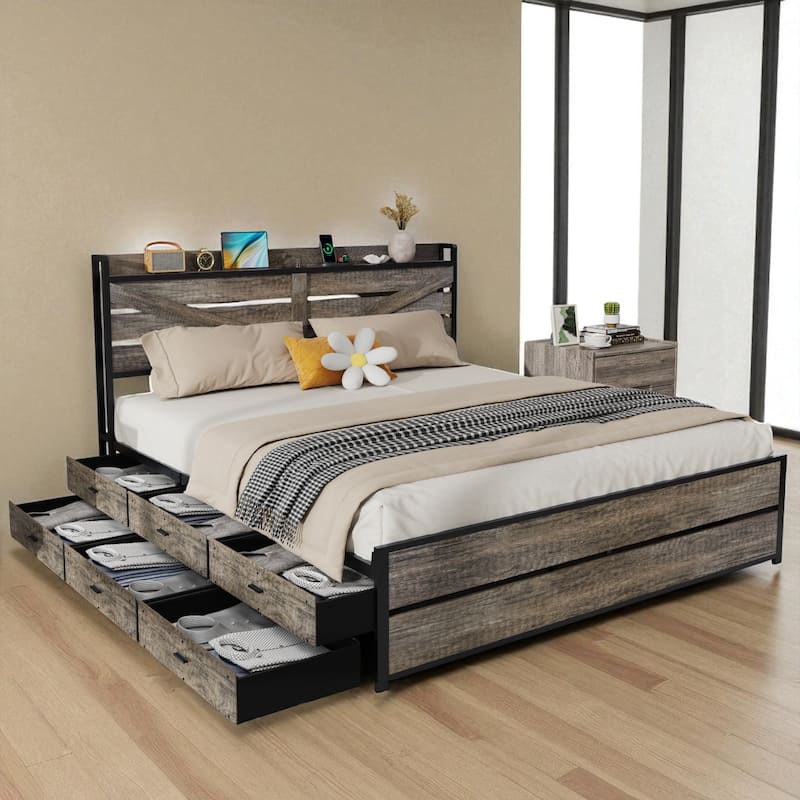 Queen/King Bed Frame with Storage Headboard, 12 Drawers, LED Lights, Charging Station, Metal Platform with Strong Slats Support - Oak - King
