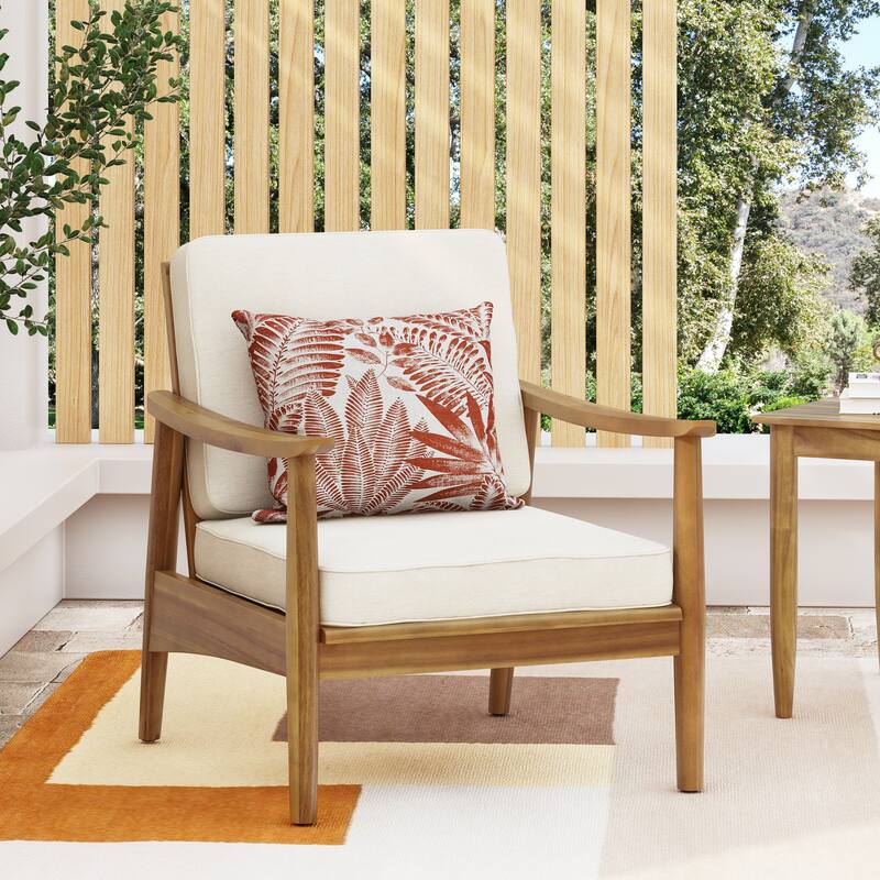 Roomfitters Outdoor Club Chair with Curved Armrests and Cream Cushions, Solid Acacia Wood Frame, Beige - Beige