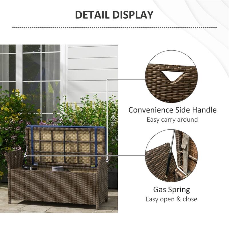 Brown Rattan Outdoor Storage Bench with Cushion and Steel Frame for Poolside or Garden Seating - 43.25" W x 17.75" D x 20.25" H