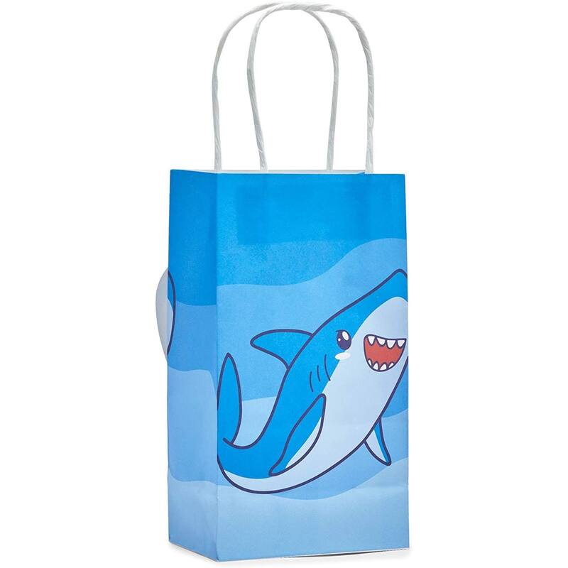 Blue Panda 15 Pack Small Shark Party Bags with Handle for Kids Birthday, Blue, 9 x 5.3 In