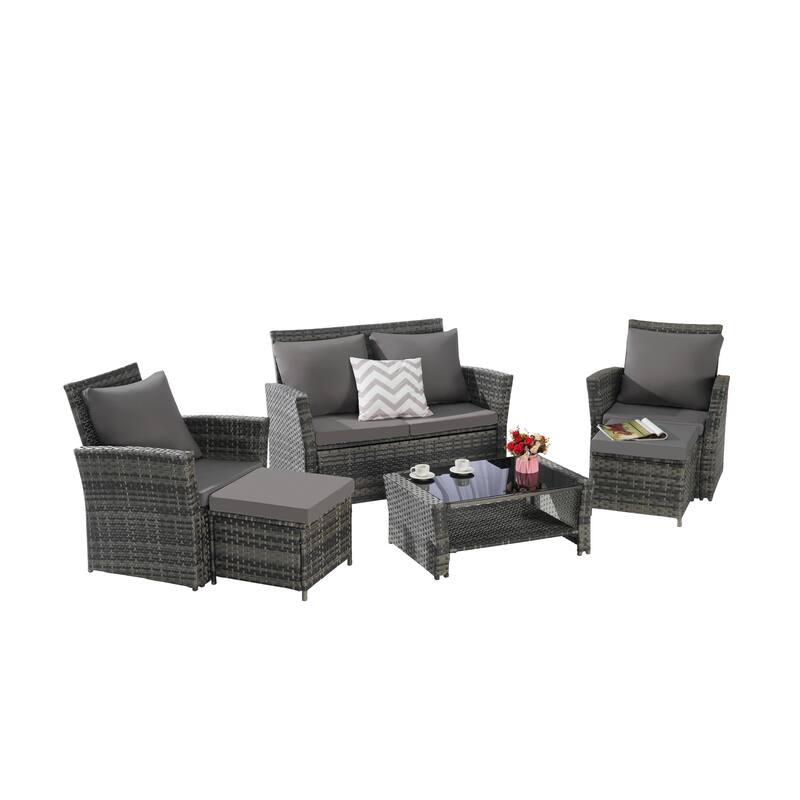 6-Piece Outdoor Wicker Conversation Set with Ottomans and Glass Coffee Table, Cushioned Seating