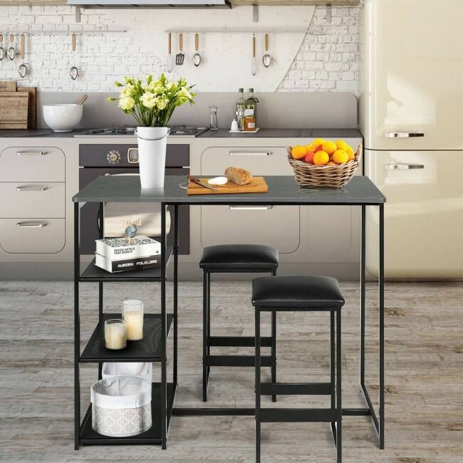 3 pcs Dining Set with Faux Marble Top Table and 2 Stools