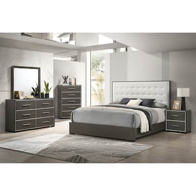 Newell Gray White Upholstered Tufted Panel Bed