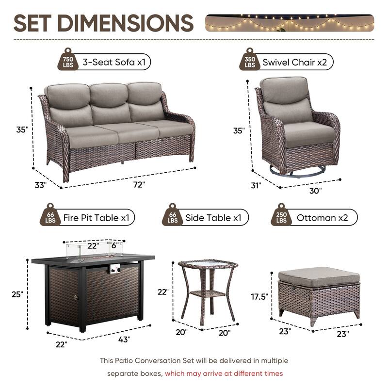 Pocassy 6/7 Piece Patio Sofa Swivel Chair Set with 43" Fire Pit Table