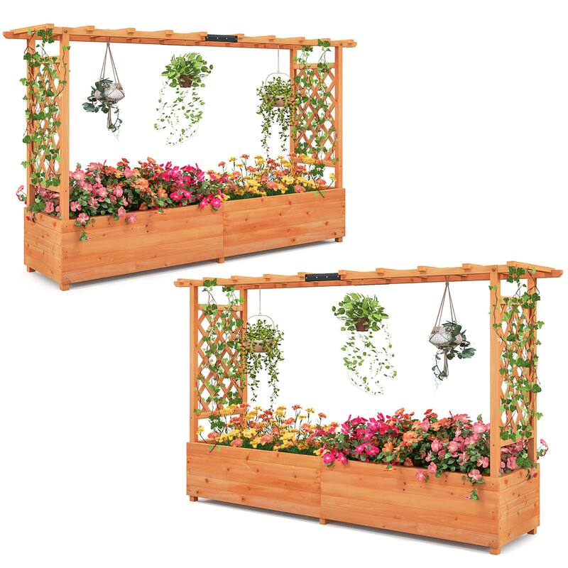 Gymax Raised Garden Bed w/ 2-Sided Trellis & Hanging Roof Fir Wood - Orange