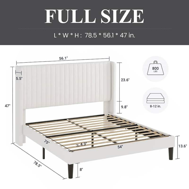 White Velvet Upholstered Platform Bed Frame with Wingback Headboard