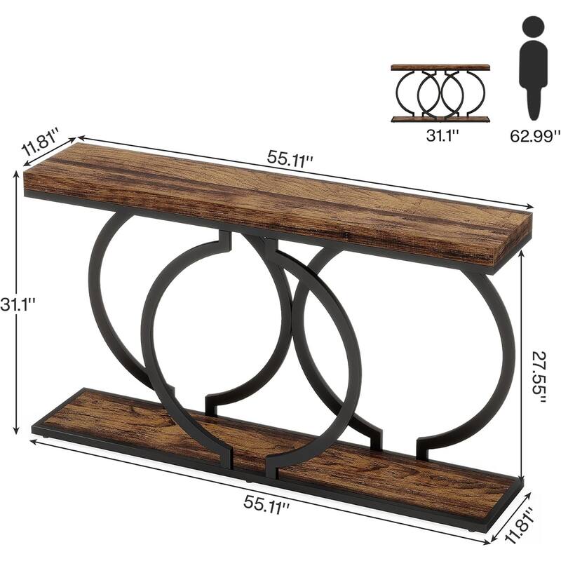 55.1" Industrial Rustic Console Table MDF Top with Black Geometric Metal Frame - 55.11" x 11.81" x 27.55"
