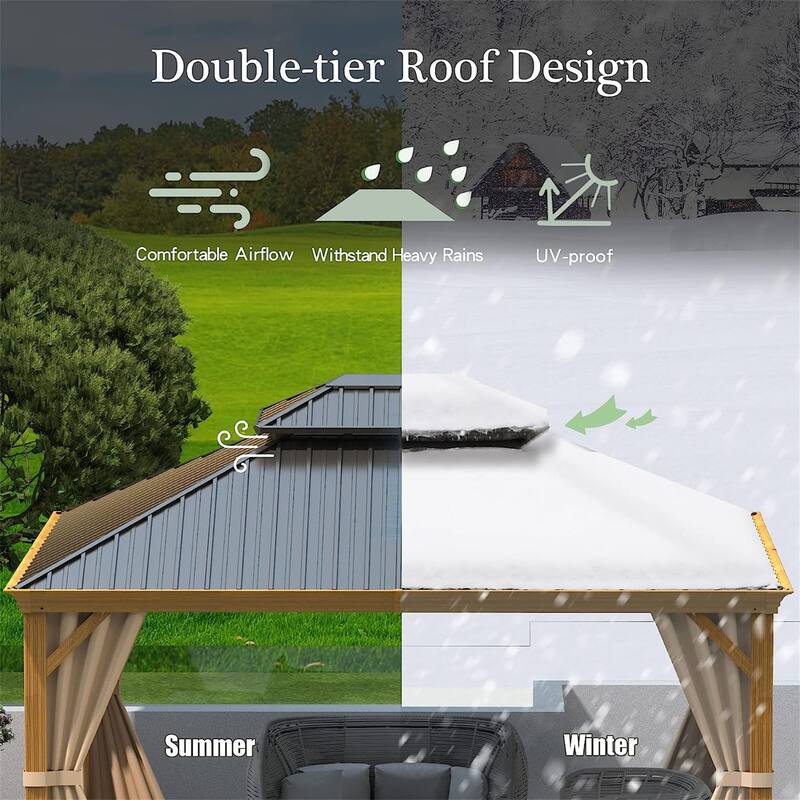 GDFStudio - Terry Outdoor Aluminum Hardtop Gazebo with Galvanized Steel Double Roof, Curtains & Netting