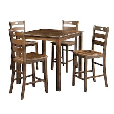5 Piece Square Counter Height Dining Set with Slat Back Chair in Walnut