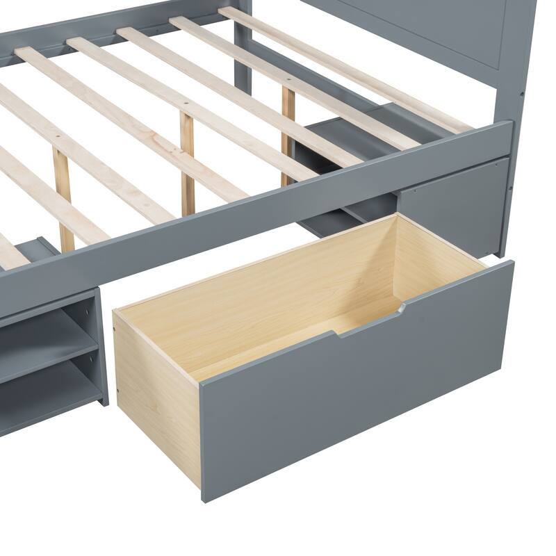 Gray Full Size Modern Bed with Drawer and Storage Shelves