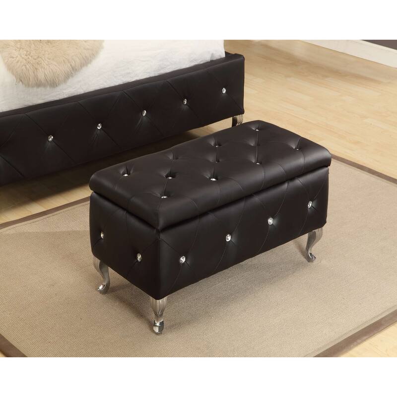 Tufted Design Black Upholstered Storage Bench Ottoman