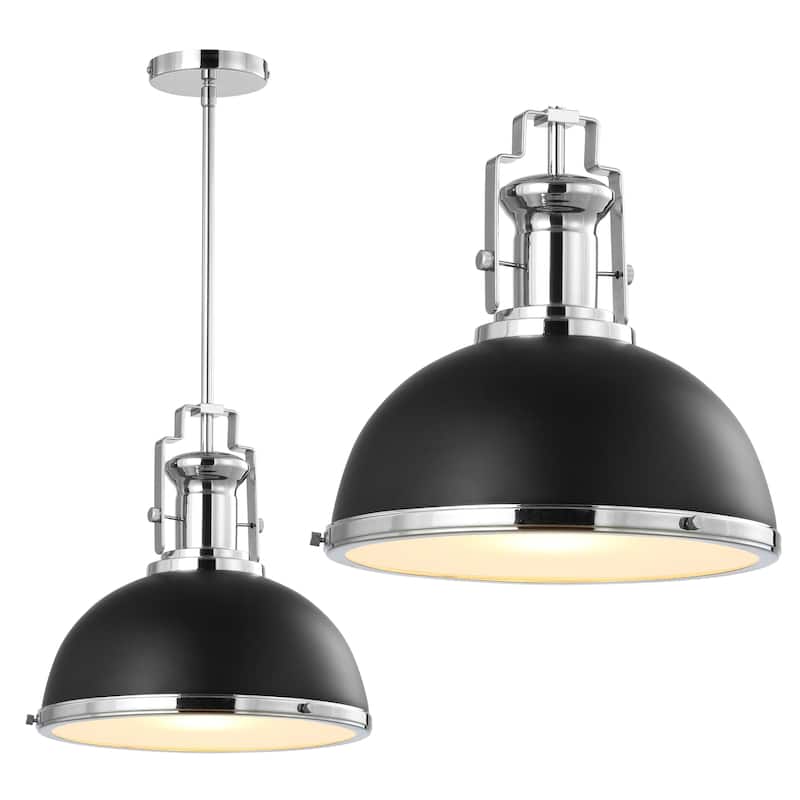 Deere Adjustable Iron/Glass Vintage LED Dome Pendant, by JONATHAN Y - 13" - Black/Chrome