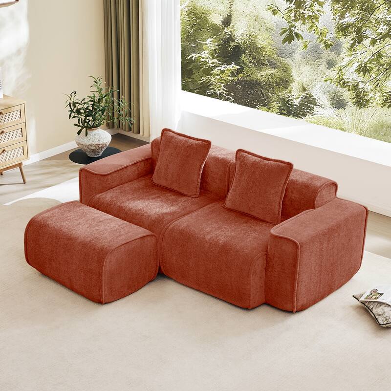 GDFStudio - Streamlined Velvet 2-Seater 78.74" Modular L-Shaped Sofa with Ottoman - Red