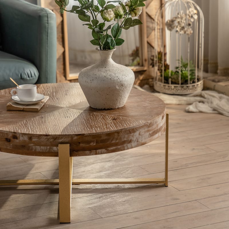 31.29” Modern Retro Splicing Round Coffee Table – Cross Legs, MDF & Metal, Indoor Use 2 thumbnail image