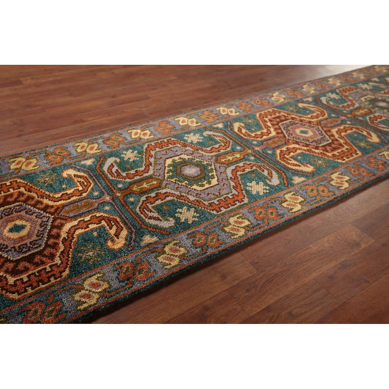 Green Geometric Kazak Indian Runner Rug Hand-Knotted Wool Carpet - 2'5"x 9'9"
