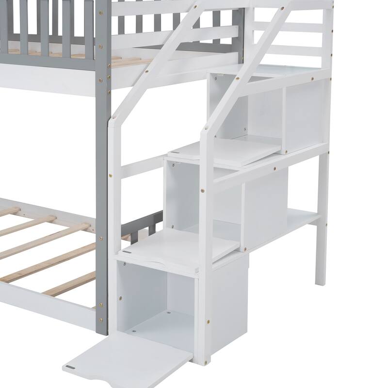 Wood Finish Twin-Over-Twin Bunk Bed House Bed with 3 Storage and Guard Rail, Wood Slat Support Easy Assembly for Kids Bedroom