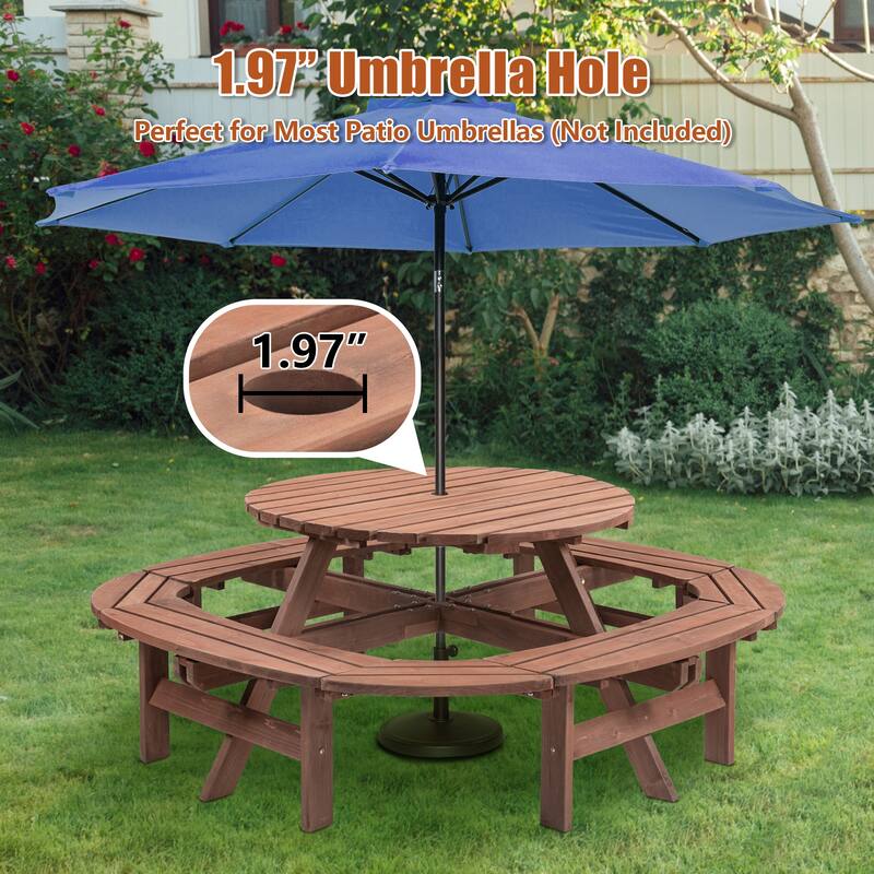 Round Wooden Outdoor Picnic Table with Ring Stools, Seats 10-12, 500 lb Capacity - 70.4" L x 70.4" W x 27.55"H