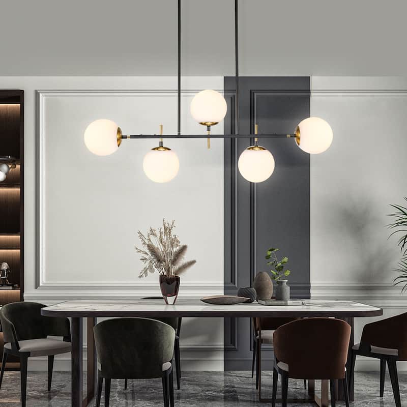 Modern Transitional 5-Light Chandelier Frosted Glass for Dining Room - Black & Gold