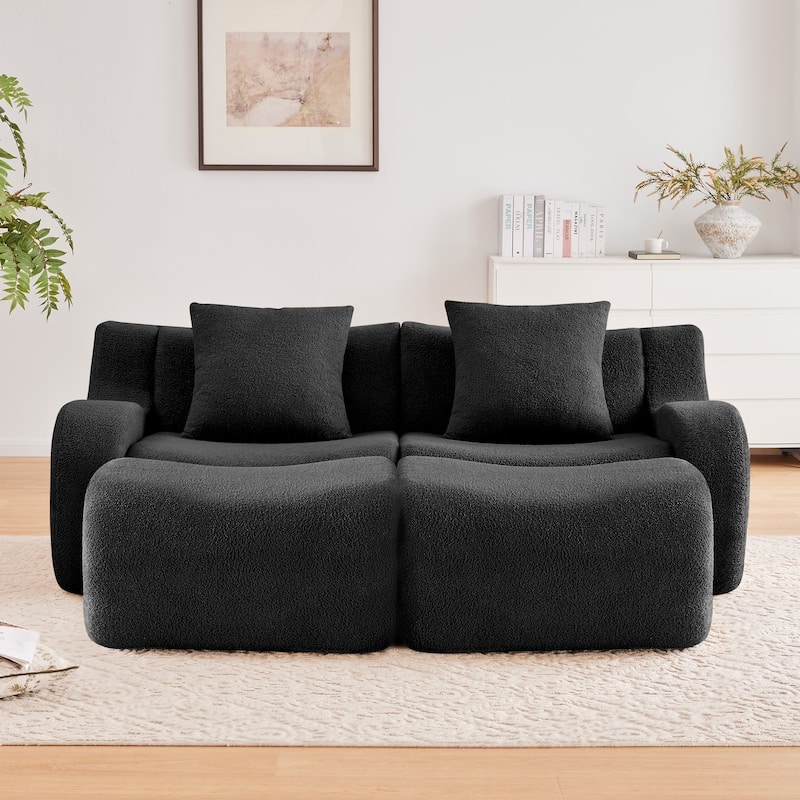 Teddy Fabric Boneless Sectional Sofa Set with 2 Ottoman, Modern Chaise Lounge Sofa with Curved Armrests, Anti-Slip Base