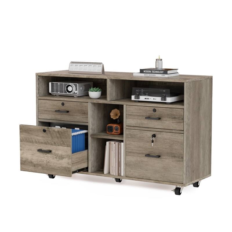 File Cabinet 4 Drawer Wood Mobile Lockable Rolling with Shelves