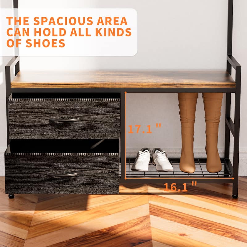 33.1 in Hall Tree with 23 Hooks, 2 Fabric Drawers, 3-Tier Shoe Storage, Bench & Garment Rod, 70.9 in H Entryway Organizer