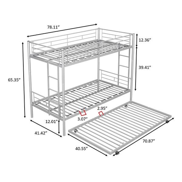 dimension image slide 1 of 2, Metal Bunk Bed Frame with Trundle, Sturdy Guard Rail and 2 Sideladders