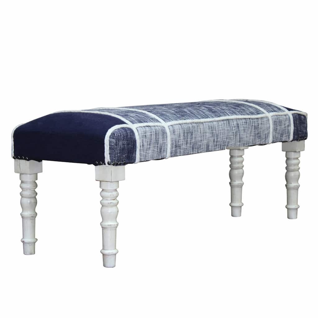 Wood Navy Blue Cotton Upholstered Bench Plaid Embroidery Nailhead Trim - 6” D x 47” W x 18” H