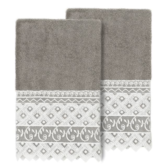 Authentic Hotel and Spa 100% Turkish Cotton Aiden 2PC White Lace Embellished Hand Towel Set - Dark Gray