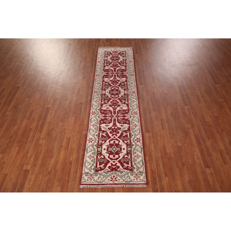 Red Oushak Indian Runner Rug Hand-Knotted Transitional Wool Carpet - 2'7"x 9'8"