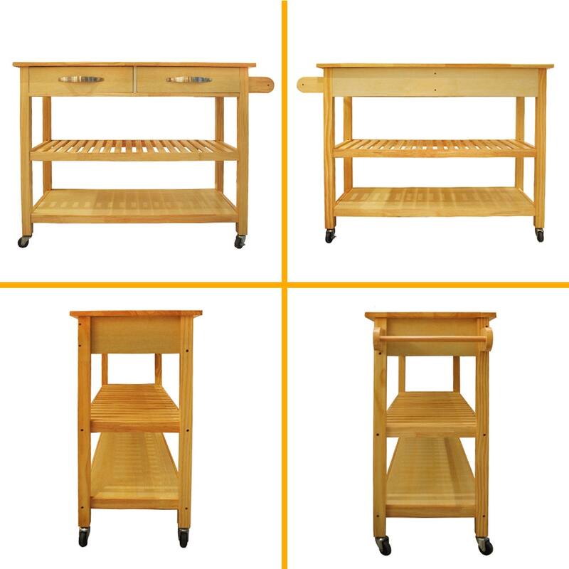 Simple Design Kitchen Cart with Two Lockable Wheels, Rubber Wood Top