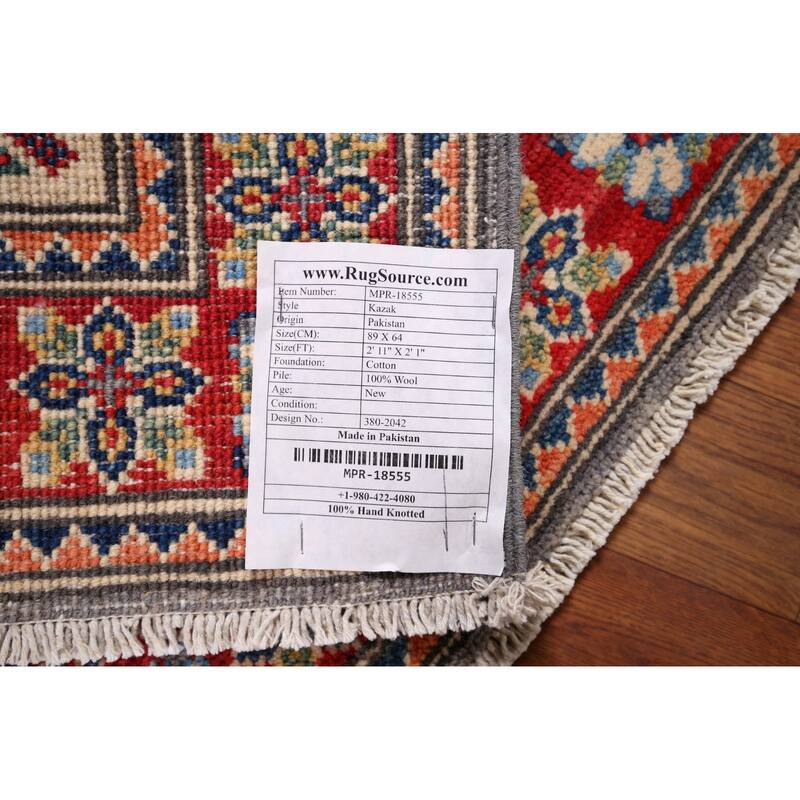 Geometric Kazak Accent Rug Handmade Grey Wool Carpet - 2'1" x 2'11"
