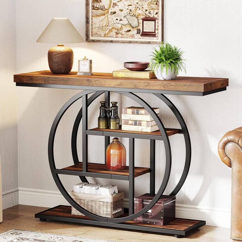 Rustic Brown Black Engineered Wood Console Table with Shelves and Metal Frame - 11.81"W x 41.34"L x 31.5"H H