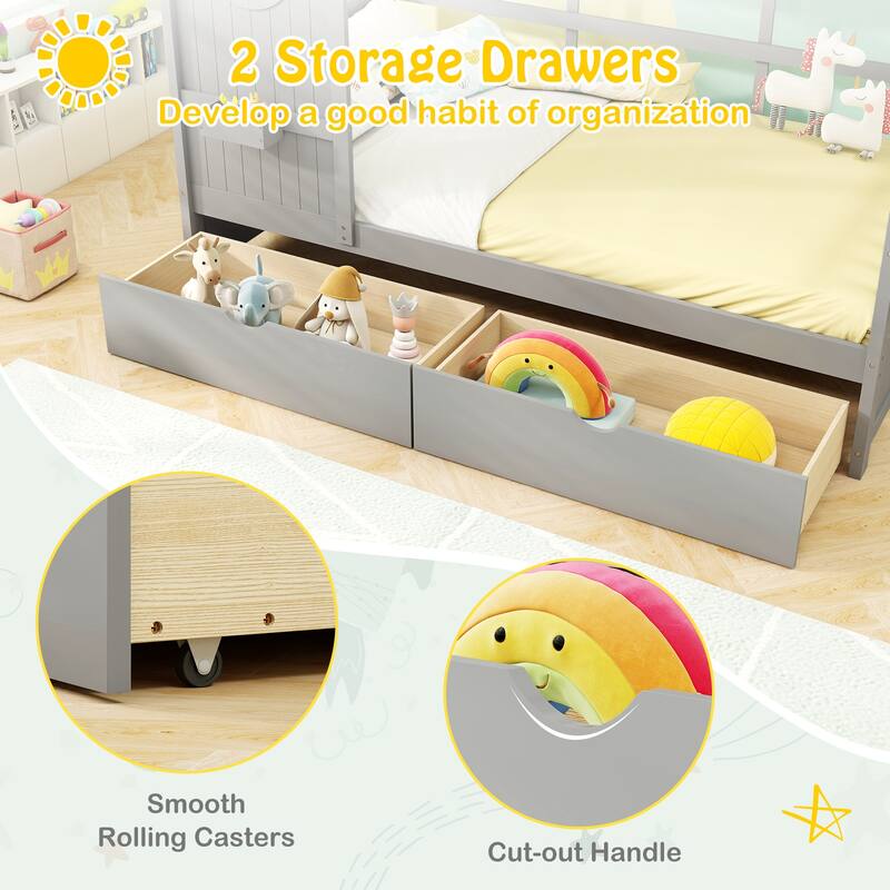 Gymax Twin Size House Bed Kids Bed Frame w/ 2 Storage Drawers & Fence