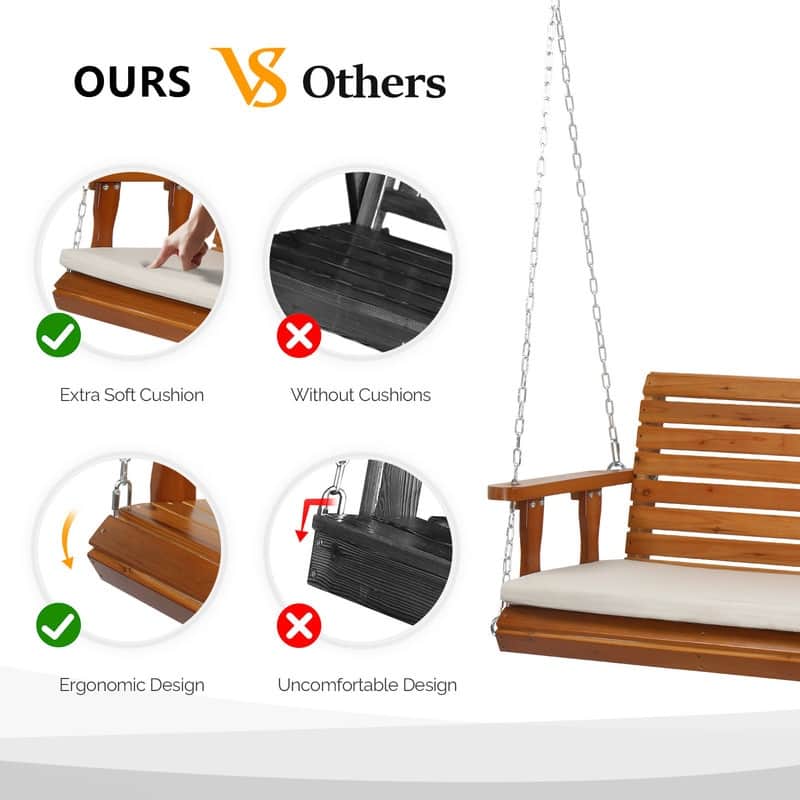 5 ft. 3-Person Wood Outdoor Porch Swing with Cushion - N/A