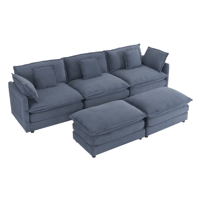 112.6" Corduroy Modular Sectional Sofa with Ottoman and Storage Pockets
