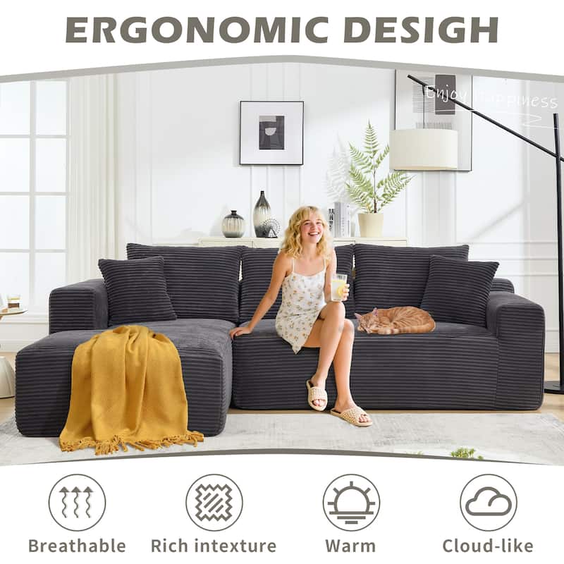 Modular Sectional Cloud Sofa with L-Shape Chaise, Oversized Corduroy Upholstered Boneless Sofa, Corner Sofa with Deep Seat
