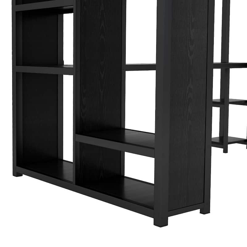 Queen Size Loft Bed Frame with Built-in Wardrobe,Desk and Storage Shelves
