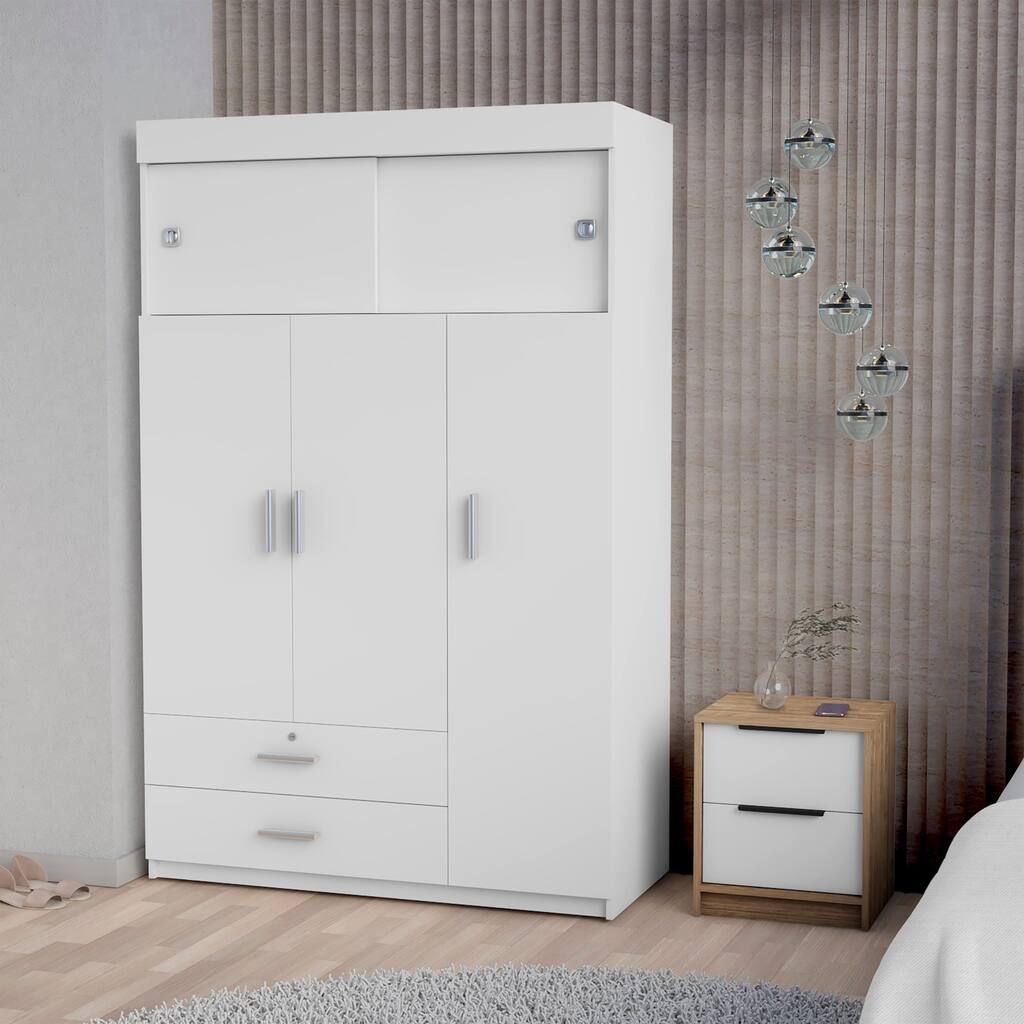 FM Furniture Elirya 2-Piece Bedroom Set with Armoire and 2-Drawer Nightstand, White/Light Oak