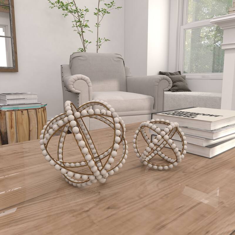 White Metal Handmade Beaded Geometric Decorative Sculpture (Set of 2)