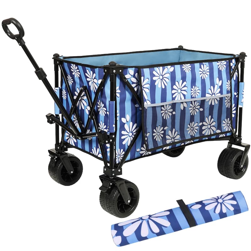 Heavy-Duty 480lbs Folding Wagon Cart With Bonus Picnic Mat-All-Terrain Beach Wheels,Drink Holders,Brakes & Side Pocket - Blue