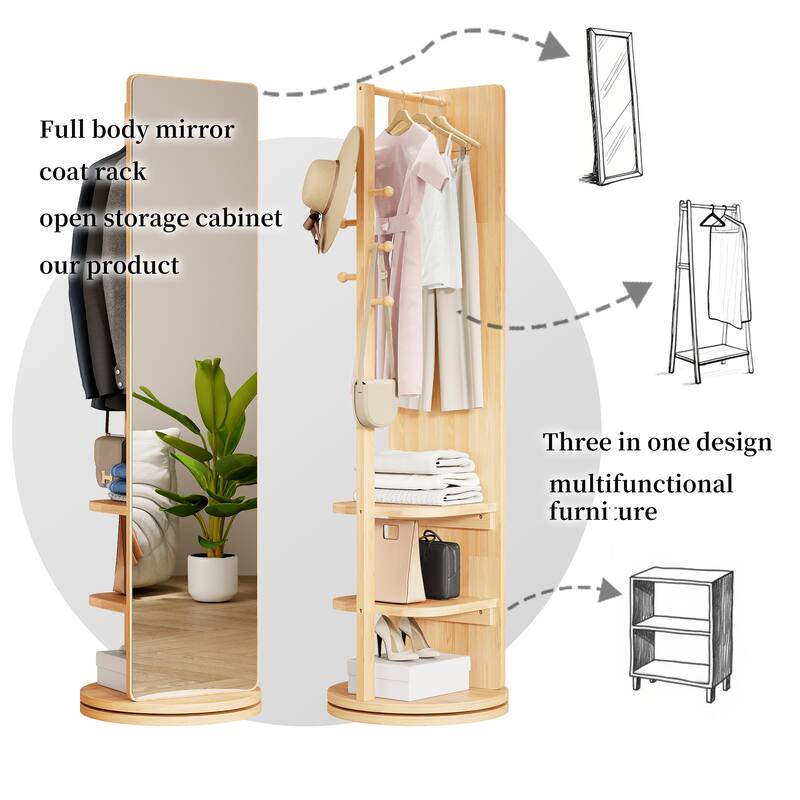 360 Rotating 66" Multifunctional Full Length Mirror with Hook Storage Rack Coat Rack For Bedroom Living Room