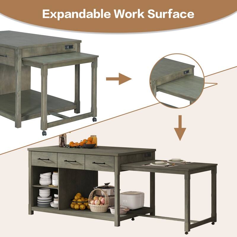 Extendable Kitchen Island with Storage, Multi-Functional Kitchen Cart with Built-In Power Outlets, Retro Kitchen Island