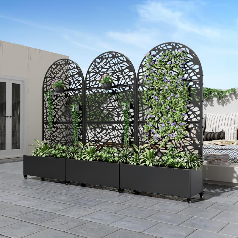 Metal Movable Planter Box with Trellis Privacy Screen Planter Box with Lockable Wheels
